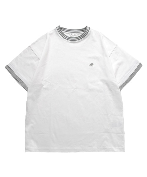 GLAZOS（グラソス）の「【接触冷感】袖レイヤードラインリブワンポイント半袖Tシャツ（Tシャツ/カットソー・キッズ・ネイビー/ホワイト/グリーン・160cm/170cm/150cm/140cm）」の12枚目の写真