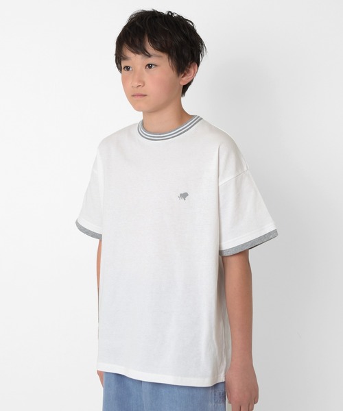 GLAZOS（グラソス）の「【接触冷感】袖レイヤードラインリブワンポイント半袖Tシャツ（Tシャツ/カットソー・キッズ・ネイビー/ホワイト/グリーン・160cm/170cm/150cm/140cm）」の6枚目の写真