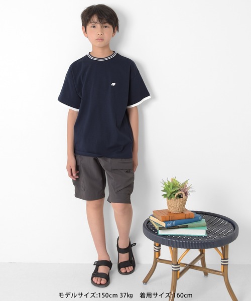 GLAZOS（グラソス）の「【接触冷感】袖レイヤードラインリブワンポイント半袖Tシャツ（Tシャツ/カットソー・キッズ・ネイビー/ホワイト/グリーン・160cm/170cm/150cm/140cm）」の18枚目の写真