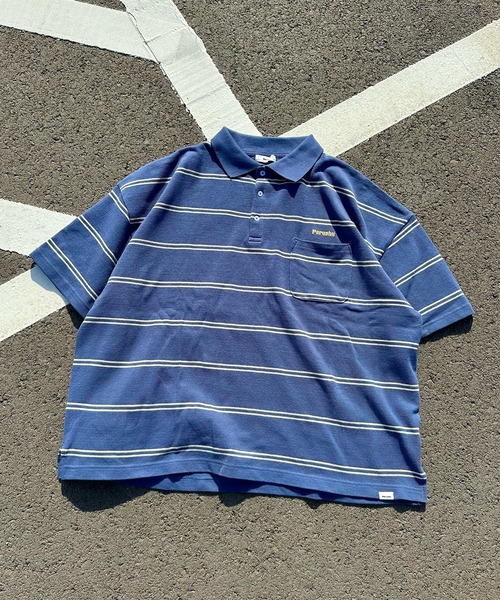 Perushu(ペルーシュ)の「レトロボーダーポロ(ポロシャツ・メンズ・パープル/ボルドー/ブルー/チャコールグレー・LARGE/MEDIUM/SMALL)」の1枚目の写真