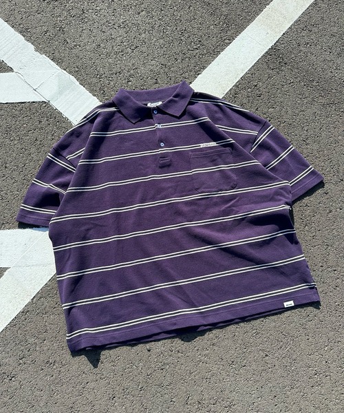 Perushu(ペルーシュ)の「レトロボーダーポロ(ポロシャツ・メンズ・パープル/ボルドー/ブルー/チャコールグレー・LARGE/MEDIUM/SMALL)」の3枚目の写真