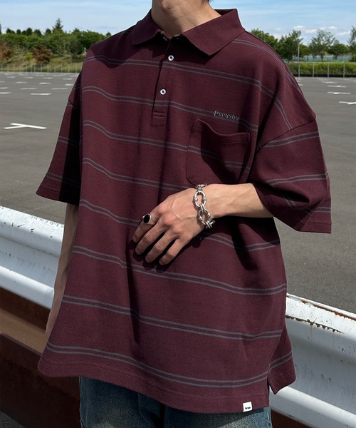 Perushu(ペルーシュ)の「レトロボーダーポロ(ポロシャツ・メンズ・パープル/ボルドー/ブルー/チャコールグレー・LARGE/MEDIUM/SMALL)」の22枚目の写真