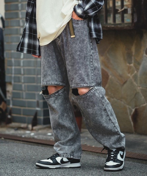 improves(インプローブス)の「ヒザZIP ワイド ケミカルデニム/ツイル バギーパンツ(デニムパンツ・メンズ・ケミカルウォッシュ/ホワイト/ブラック/ブラック系・MEDIUM/LARGE)」の14枚目の写真