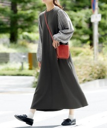 異素材使いボリューム袖カットソーロング丈ワンピース