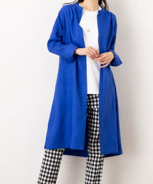 美品　ビュルデサボン　リネン100% 千鳥格子柄 シャツロングワンピース麻100 ワンピース フレンチリネン100%ギャザーシャツワンピース シャツ