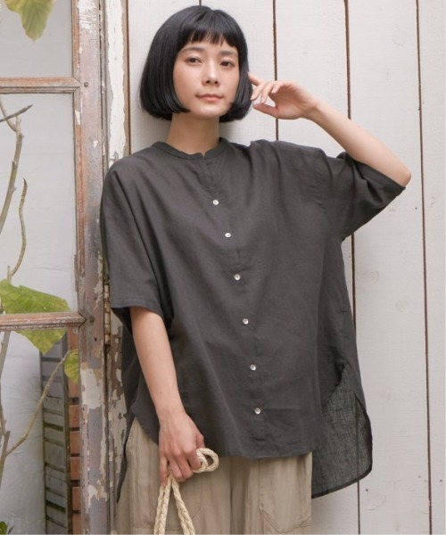 LBC（エルビーシー）の「リネンコットンバンドカラー半袖シャツ（シャツ/ブラウス・レディース・オレンジ/ホワイト/ブルー/チャコールグレー・M）」の3枚目の写真