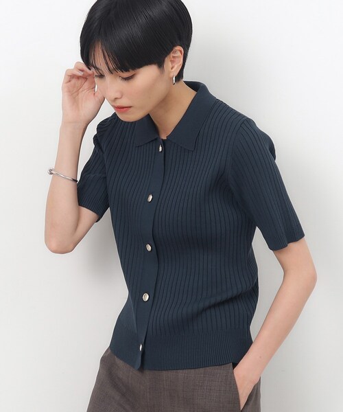 OPAQUE.CLIP（オペークドットクリップ）の「◆UV ワイドリブポロニット【抗ピル/洗濯機洗い可】（ニット/セーター・レディース・ホワイト/ネイビー/ダークブラウン・36/38/42/40）」の7枚目の写真