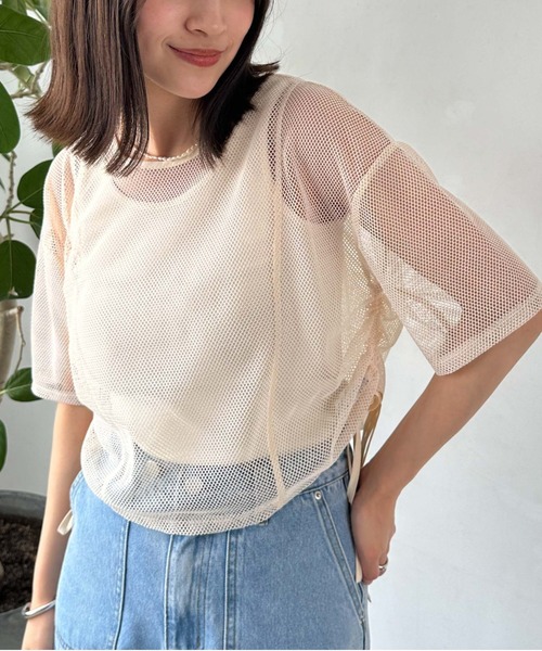 archives（アルシーヴ）の「サイドドロストメッシュＴＯＰＳ（Tシャツ/カットソー・レディース・アイボリー/ブラック/ブルー・MEDIUM）」の2枚目の写真