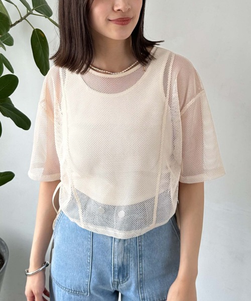 archives（アルシーヴ）の「サイドドロストメッシュＴＯＰＳ（Tシャツ/カットソー・レディース・アイボリー/ブラック/ブルー・MEDIUM）」の4枚目の写真