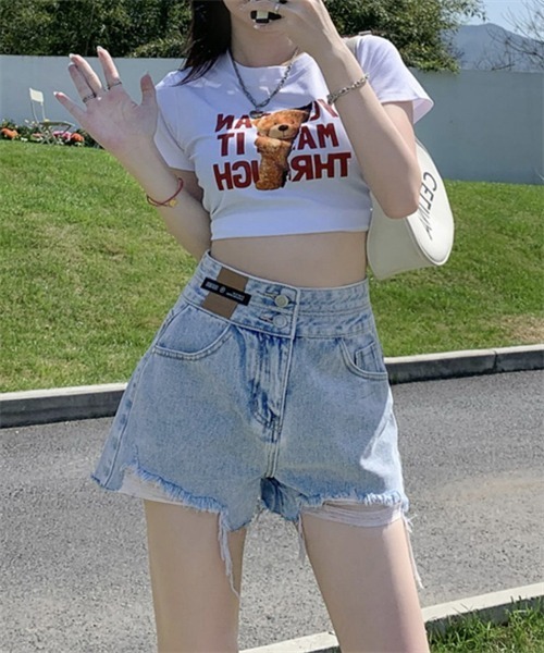 セール】ハイウエストダメージデニム ショートパンツ（デニムパンツ