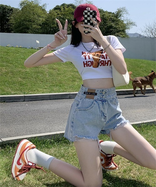 CHRYSOMALLON ストリート デニム ダメージ ショートパンツ ダメージデニムショートパンツ デニムショートパンツ デニム