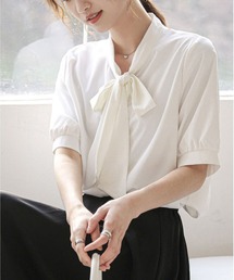 リボン付きシフォン半袖シャツ