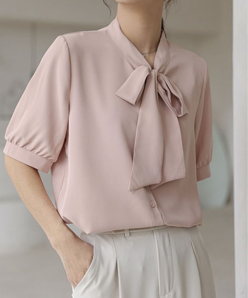 MAISON DE THERESE（メゾン ド テレーズ）の「リボン付きシフォン半袖シャツ（シャツ/ブラウス・レディース・グレイッシュブルー/ホワイト/ピンク・S/M/L）」の8枚目の写真