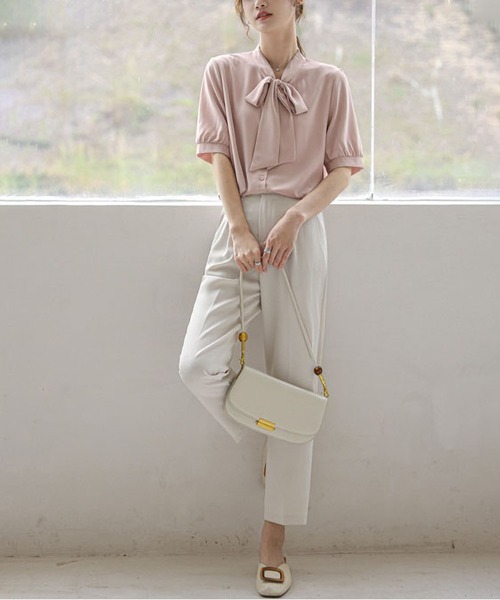 MAISON DE THERESE（メゾン ド テレーズ）の「リボン付きシフォン半袖シャツ（シャツ/ブラウス・レディース・グレイッシュブルー/ホワイト/ピンク・S/M/L）」の11枚目の写真