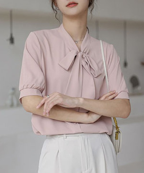 MAISON DE THERESE（メゾン ド テレーズ）の「リボン付きシフォン半袖シャツ（シャツ/ブラウス・レディース・グレイッシュブルー/ホワイト/ピンク・S/M/L）」の9枚目の写真