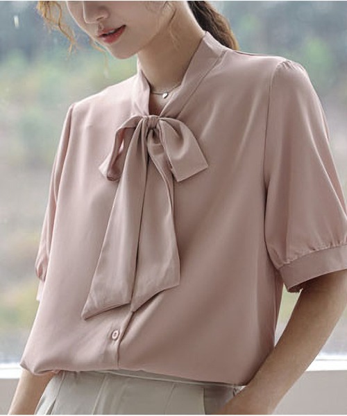 MAISON DE THERESE（メゾン ド テレーズ）の「リボン付きシフォン半袖シャツ（シャツ/ブラウス・レディース・グレイッシュブルー/ホワイト/ピンク・S/M/L）」の7枚目の写真