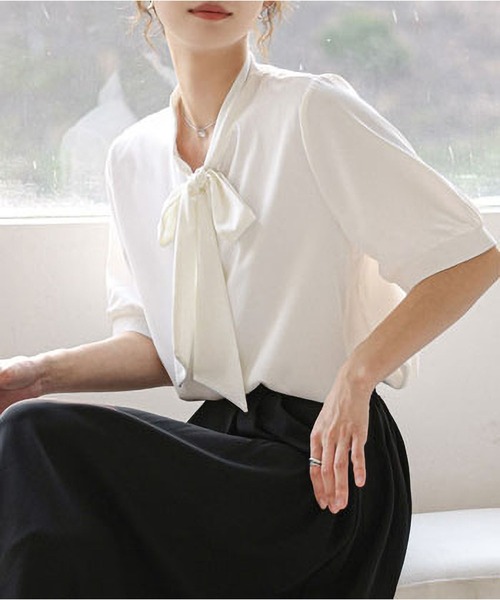 MAISON DE THERESE（メゾン ド テレーズ）の「リボン付きシフォン半袖シャツ（シャツ/ブラウス・レディース・グレイッシュブルー/ホワイト/ピンク・S/M/L）」の14枚目の写真