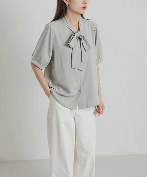 MAISON DE THERESE（メゾン ド テレーズ）の「リボン付きシフォン半袖シャツ（シャツ/ブラウス・レディース・グレイッシュブルー/ホワイト/ピンク・S/M/L）」の22枚目の写真