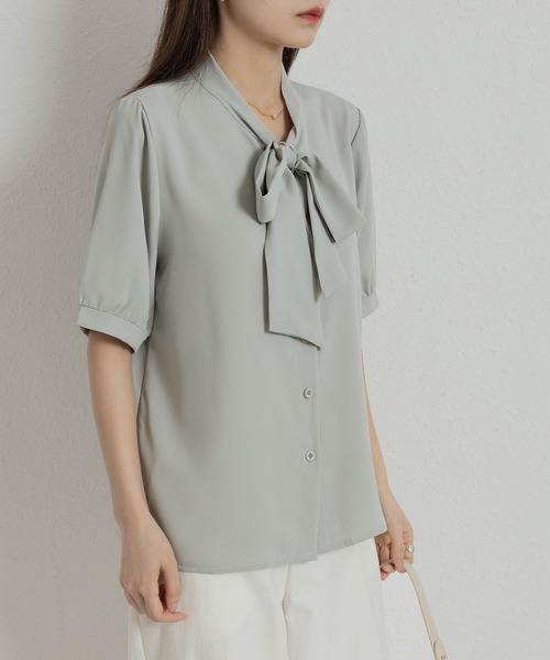 MAISON DE THERESE（メゾン ド テレーズ）の「リボン付きシフォン半袖シャツ（シャツ/ブラウス・レディース・グレイッシュブルー/ホワイト/ピンク・S/M/L）」の20枚目の写真