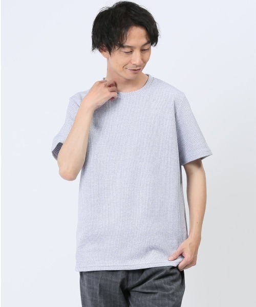 TAKA-Q(タカキュー)の「タカキュー 杢ワッフル クルーネック 半袖 Tシャツ(Tシャツ/カットソー・メンズ・ライトグレー/ネイビー・MEDIUM/X-LARGE/LARGE)」の1枚目の写真