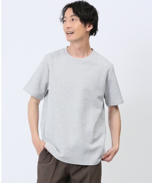 TAKA-Q(タカキュー)の「タカキュー 杢ワッフル クルーネック 半袖 Tシャツ(Tシャツ/カットソー・メンズ・ライトグレー/ネイビー・MEDIUM/X-LARGE/LARGE)」の2枚目の写真
