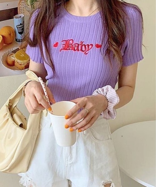 CANVAS+(キャンバスプラス)の「【CANVAS+】Baby刺しゅうリブミニTシャツ(Tシャツ/カットソー・レディース・ブラック/ピンク/ホワイト/ライトパープル・M)」の3枚目の写真