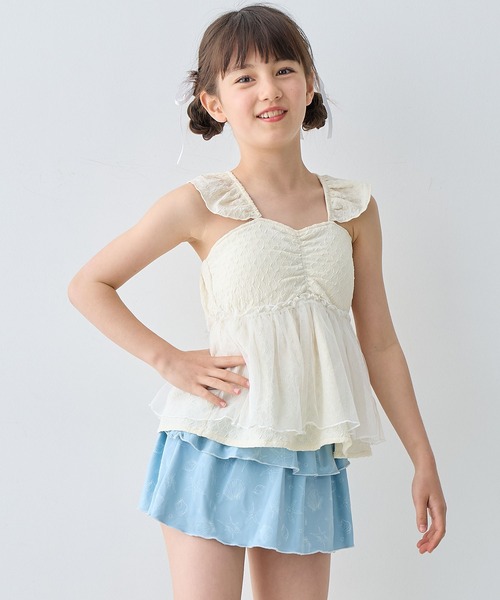 Amourire girl（アムリールガール）の「チュールフレアTOPS×スカパン 上下2点セット【キッズ/ジュニア水着】（130㎝～160㎝）（水着・キッズ・ブラック/オフホワイト・130cm/140cm/150cm/160cm）」の3枚目の写真