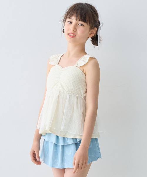 Amourire girl（アムリールガール）の「チュールフレアTOPS×スカパン 上下2点セット【キッズ/ジュニア水着】（130㎝～160㎝）（水着・キッズ・ブラック/オフホワイト・130cm/140cm/150cm/160cm）」の4枚目の写真