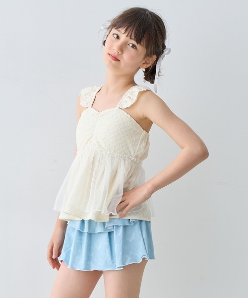 Amourire girl（アムリールガール）の「チュールフレアTOPS×スカパン 上下2点セット【キッズ/ジュニア水着】（130㎝～160㎝）（水着・キッズ・ブラック/オフホワイト・130cm/140cm/150cm/160cm）」の5枚目の写真