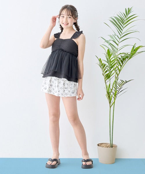 Amourire girl（アムリールガール）の「チュールフレアTOPS×スカパン 上下2点セット【キッズ/ジュニア水着】（130㎝～160㎝）（水着・キッズ・ブラック/オフホワイト・130cm/140cm/150cm/160cm）」の3枚目の写真