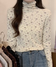 フラワー柄 ハイネック 長袖カットソートップス