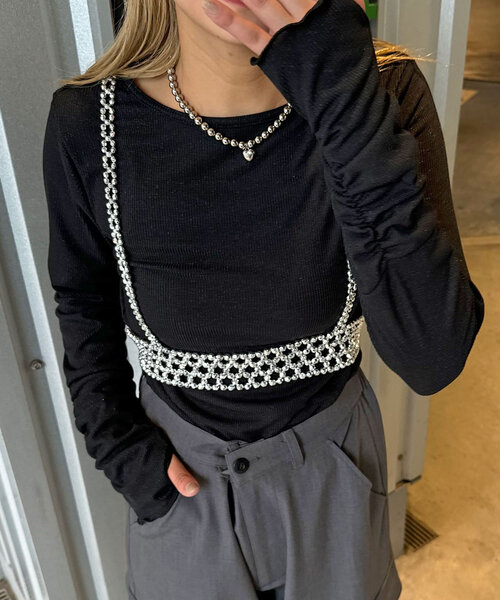 CIAOPANIC(チャオパニック)の「袖シャーリングラメリブ配色トップス(Tシャツ/カットソー・レディース・ブルー/グレー/ブラック/ホワイト・FREE)」の1枚目の写真