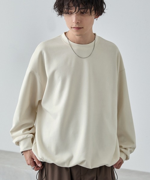 MONO-MART(モノマート)の「ドローコードブラッシュドオーバーサイズプルオーバー(Tシャツ/カットソー・メンズ・グレイッシュブルー/ダークグレー/ネイビー/ブラウン/ブラック/アイボリー・M/L)」の2枚目の写真