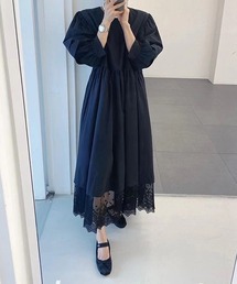 ランタンスリーブ レースドッキングボリュームワンピース