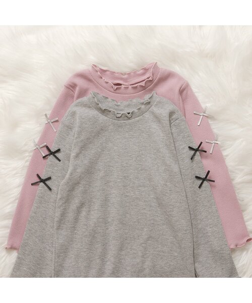 apres les cours(アプレレクール)の「ファービスチェ×袖リボンTシャツ2Pセット(Tシャツ/カットソー・キッズ・グレー/ピンク・90/100/110/120/130/140)」の4枚目の写真