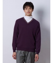 ケーブル編み Vネックプルオーバーニット ホワイト/パープル