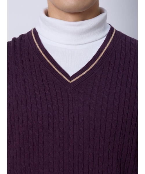 Perfect Suit FActory（パーフェクトスーツファクトリー）の「ケーブル編み　Vネックプルオーバーニット　ホワイト/パープル（ニット/セーター・メンズ・オフホワイト/ダークパープル・LL/M/L）」の13枚目の写真