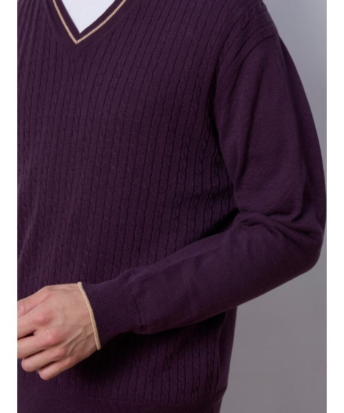 Perfect Suit FActory（パーフェクトスーツファクトリー）の「ケーブル編み　Vネックプルオーバーニット　ホワイト/パープル（ニット/セーター・メンズ・オフホワイト/ダークパープル・LL/M/L）」の14枚目の写真