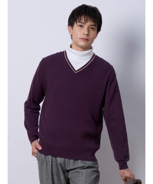 Perfect Suit FActory（パーフェクトスーツファクトリー）の「ケーブル編み　Vネックプルオーバーニット　ホワイト/パープル（ニット/セーター・メンズ・オフホワイト/ダークパープル・LL/M/L）」の16枚目の写真
