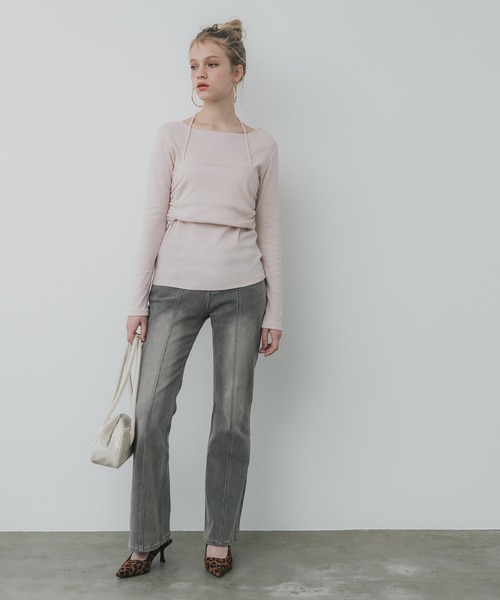 セール】ホルターネックキャミ付きリブトップス（Tシャツ/カットソー