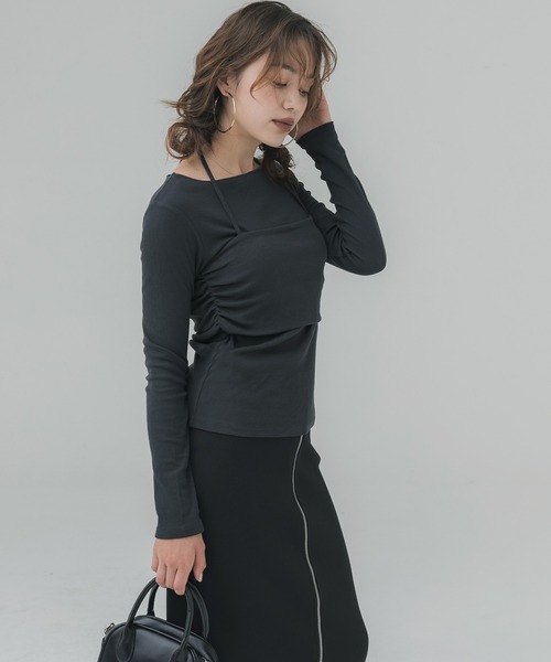 coca(coca)(コカ)の「ホルターネックキャミ付きリブトップス(Tシャツ/カットソー・レディース・ピンク/チャコール・M/L)」の6枚目の写真