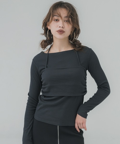 トップス kochi-08 セール】ホルターネックキャミ付きリブトップス（Tシャツ/カットソー