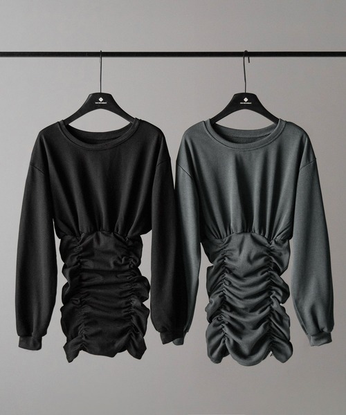 me+em select（ミームセレクト）の「【 ２color 】裏毛シャーリングスウェットミニワンピース ／ urake shirring sweat mini one piece（ワンピース・レディース・グレー/ブラック・FREE）」の3枚目の写真