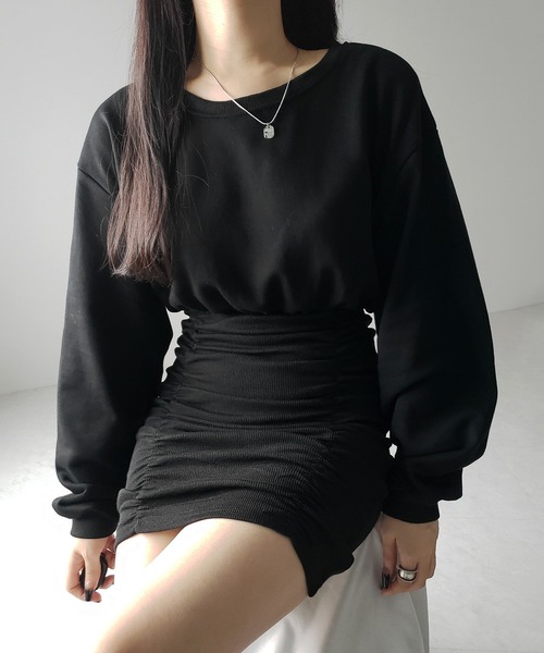 me+em select（ミームセレクト）の「【 ２color 】裏毛シャーリングスウェットミニワンピース ／ urake shirring sweat mini one piece（ワンピース・レディース・グレー/ブラック・FREE）」の4枚目の写真