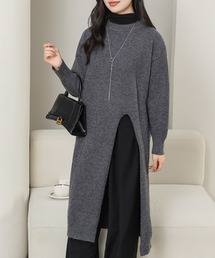 クルーネック サイド スリット ニット ワンピース
