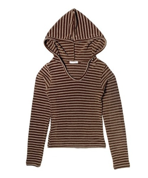 anyonemore（エニワンモア）の「ボーダー柄フード付きニットTシャツ（パーカー・レディース・ブラウン・FREE）」の11枚目の写真