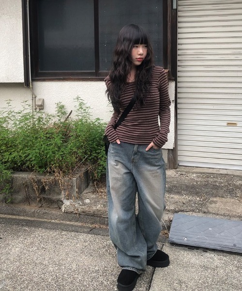 anyonemore（エニワンモア）の「ボーダー柄フード付きニットTシャツ（パーカー・レディース・ブラウン・FREE）」の16枚目の写真