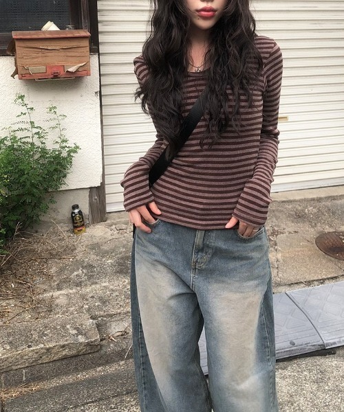 anyonemore（エニワンモア）の「ボーダー柄フード付きニットTシャツ（パーカー・レディース・ブラウン・FREE）」の22枚目の写真