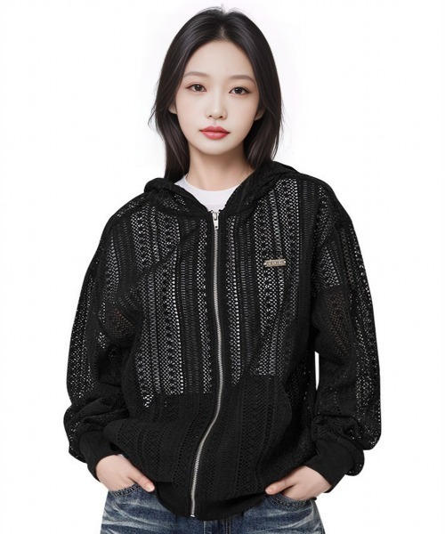 OY/オーワイ』 LOGO CROCHET HOODIE ZIP UP/ロゴクロシェフード
