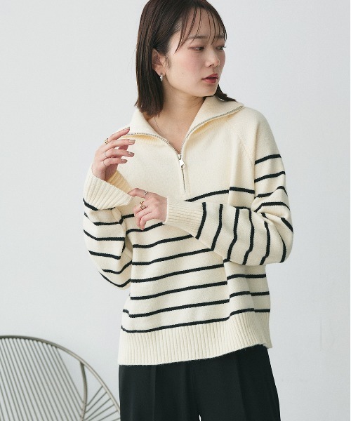 ad thie(アドティエ)の「ハーフジップ ボーダーニット(ニット/セーター・レディース・ブラック/オフホワイト/グレー・FREE)」の7枚目の写真